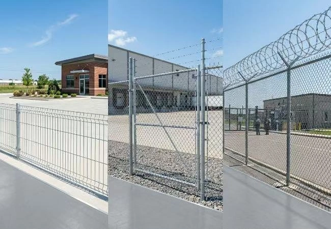 Three chain link fence types compared commercial light industrial heavy government high security with razor wire
